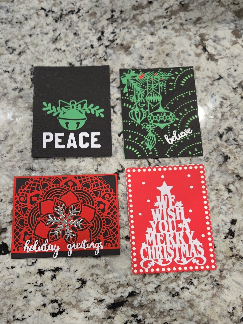 Hand Crafted Holiday Greeting Card Set Of 4 - Red, Black & Green Festive Designs